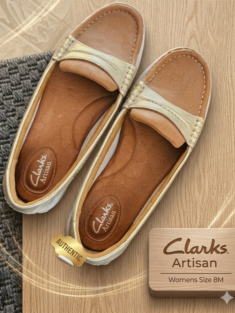 Clarks Artisan Metallic Gold & White Leather Loafers